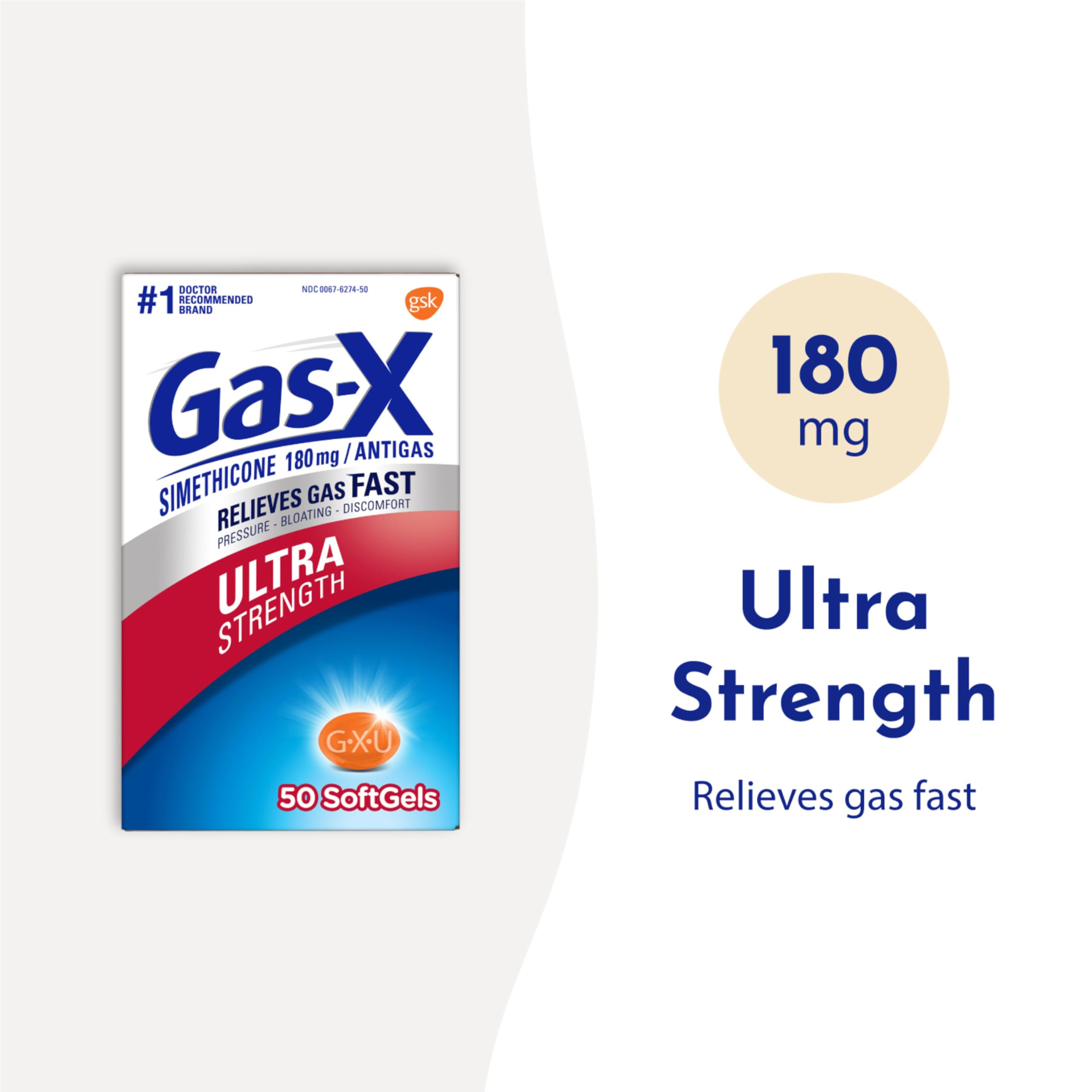 Gas-X Simethicone 180 mg 50 liquid capsules side panel showing drug facts and ingredients