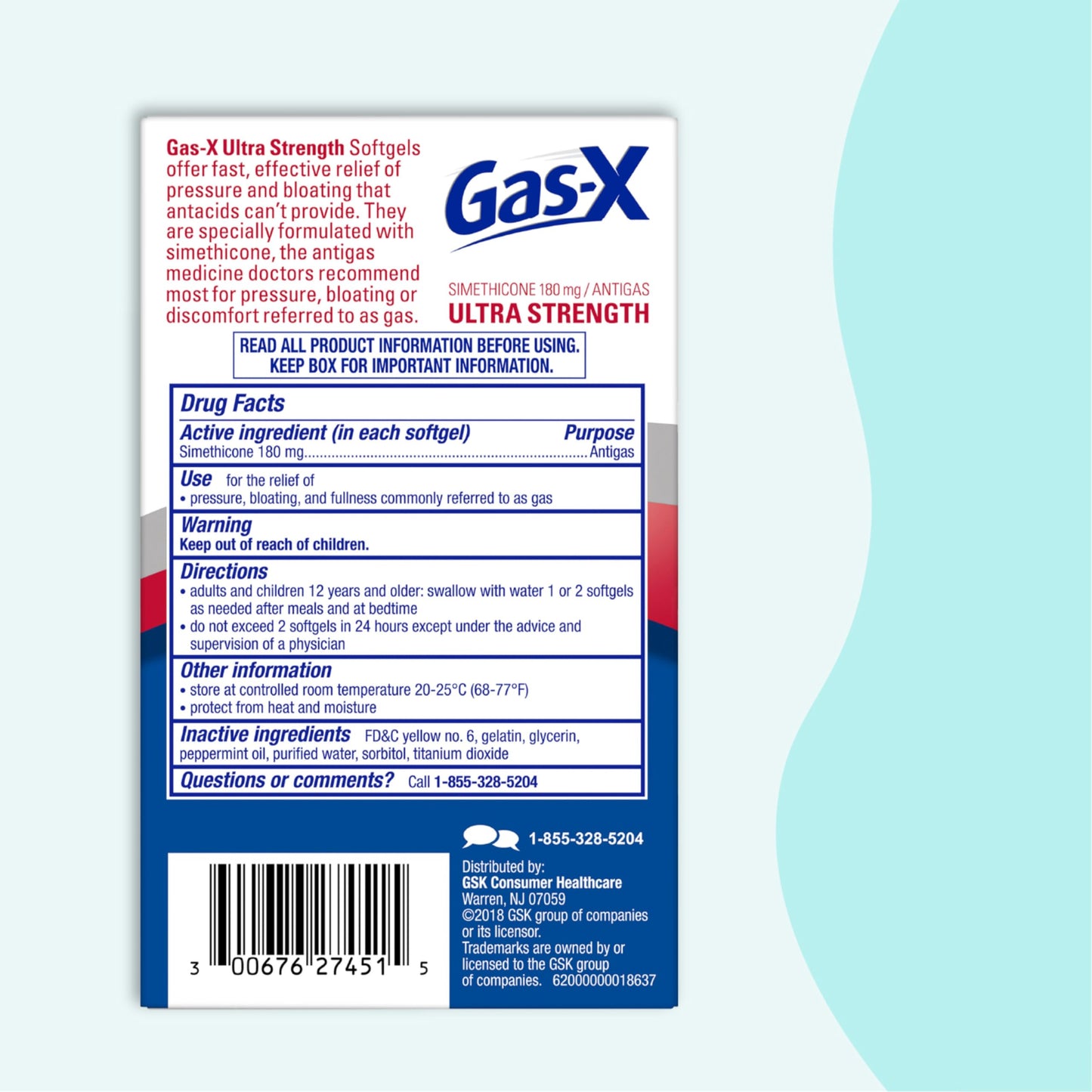 Gas-X Ultra Strength bloating and gas remedy container next to single liquid capsule