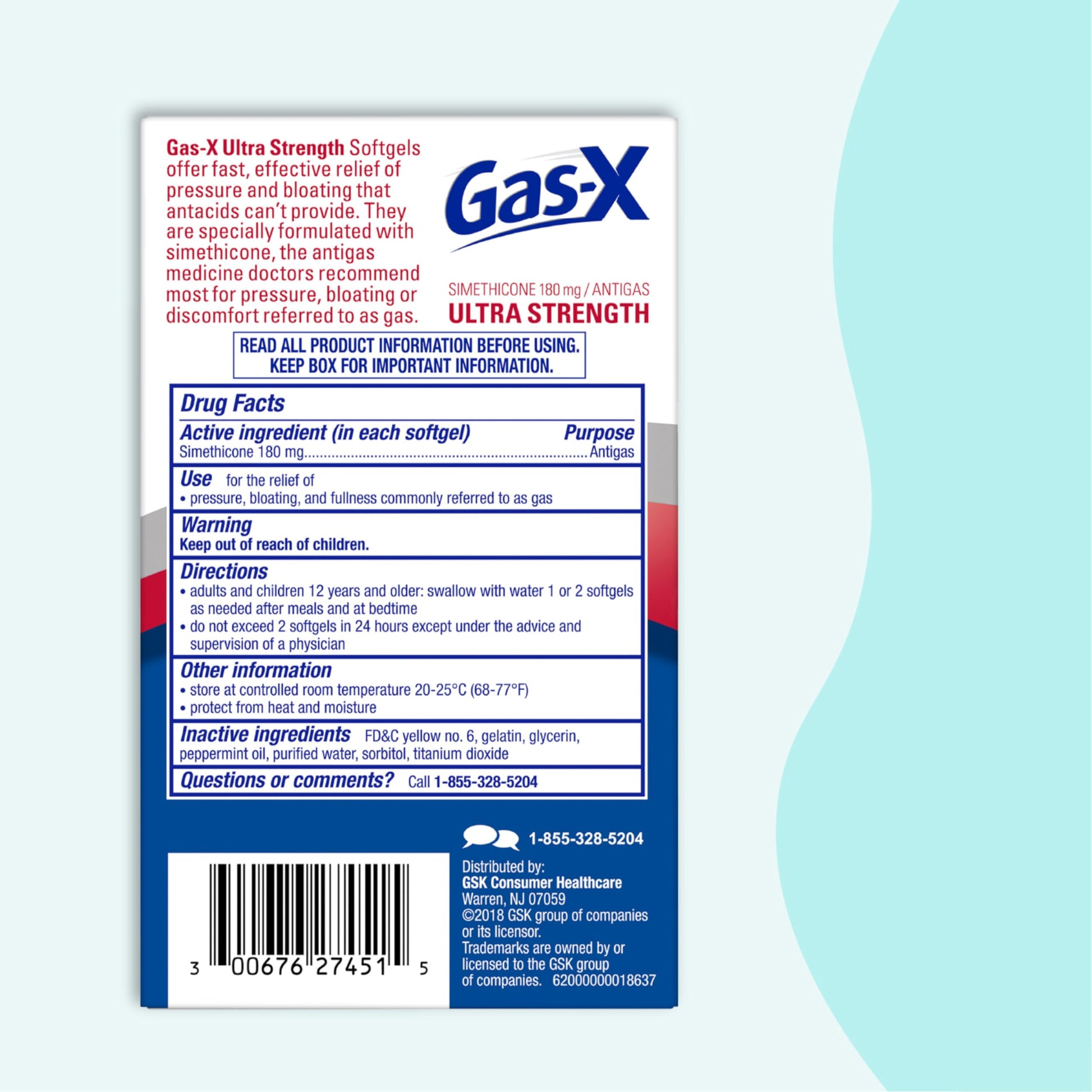 Gas-X Ultra Strength bloating and gas remedy container next to single liquid capsule
