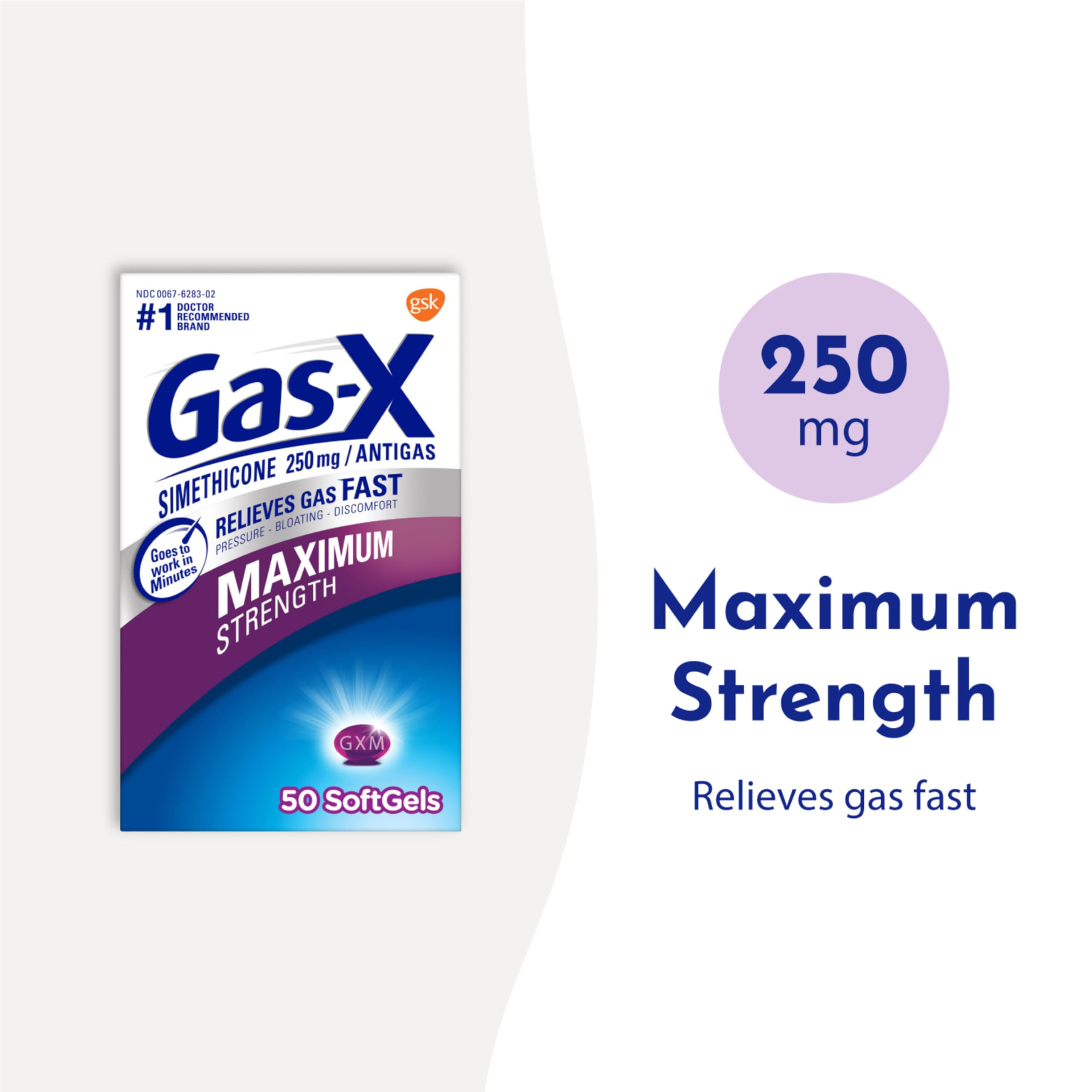 Gas-X 250 mg simethicone softgels for fast bloating relief