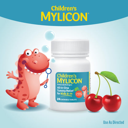 Children's MYLICON 24 count bottle packaging details for toddler gas relief remedies