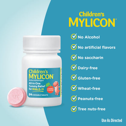 MYLICON children's anti gas chewable tablets showing dosage instructions for ages 2 to 11