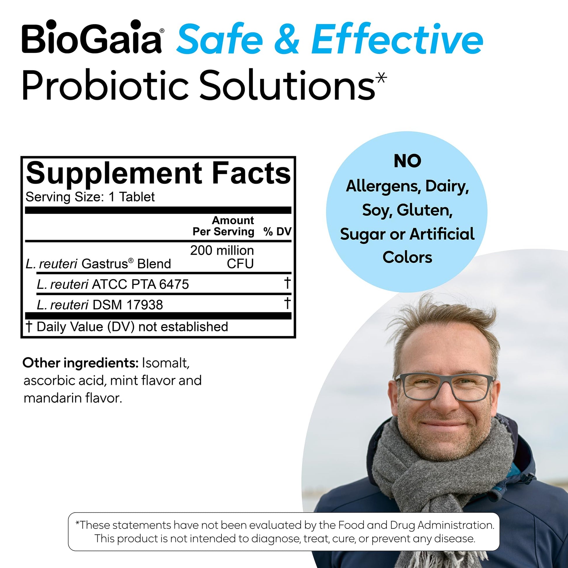 BioGaia Gastrus gut health supplement bottle with open cap showing tablets
