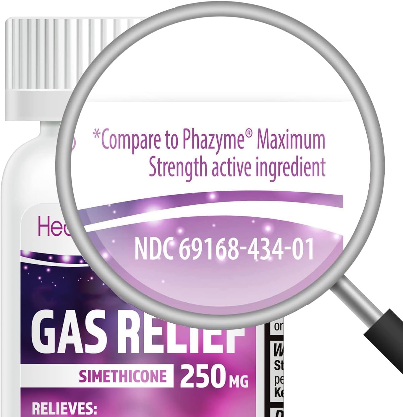 HealthA2Z Simethicone 250mg maximum strength 100 softgels packaging detailing active ingredients.