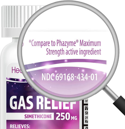 HealthA2Z Simethicone 250mg maximum strength 100 softgels packaging detailing active ingredients.