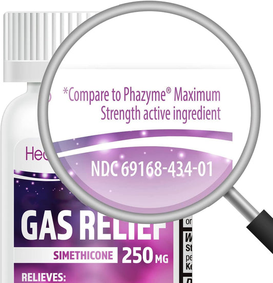 HealthA2Z Simethicone 250mg maximum strength 100 softgels packaging detailing active ingredients.