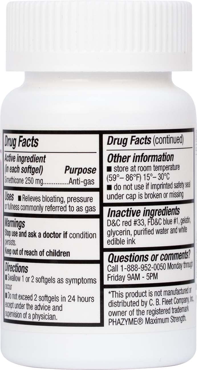 Back label of HealthA2Z Gas Relief softgels showing authentic USA import directions and warnings.