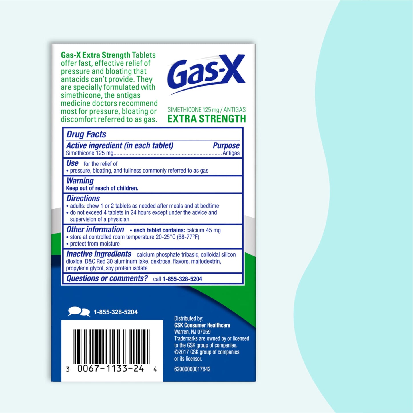 Gas-X Extra Strength Chewables showing clear label text for adults and children over twelve instructions