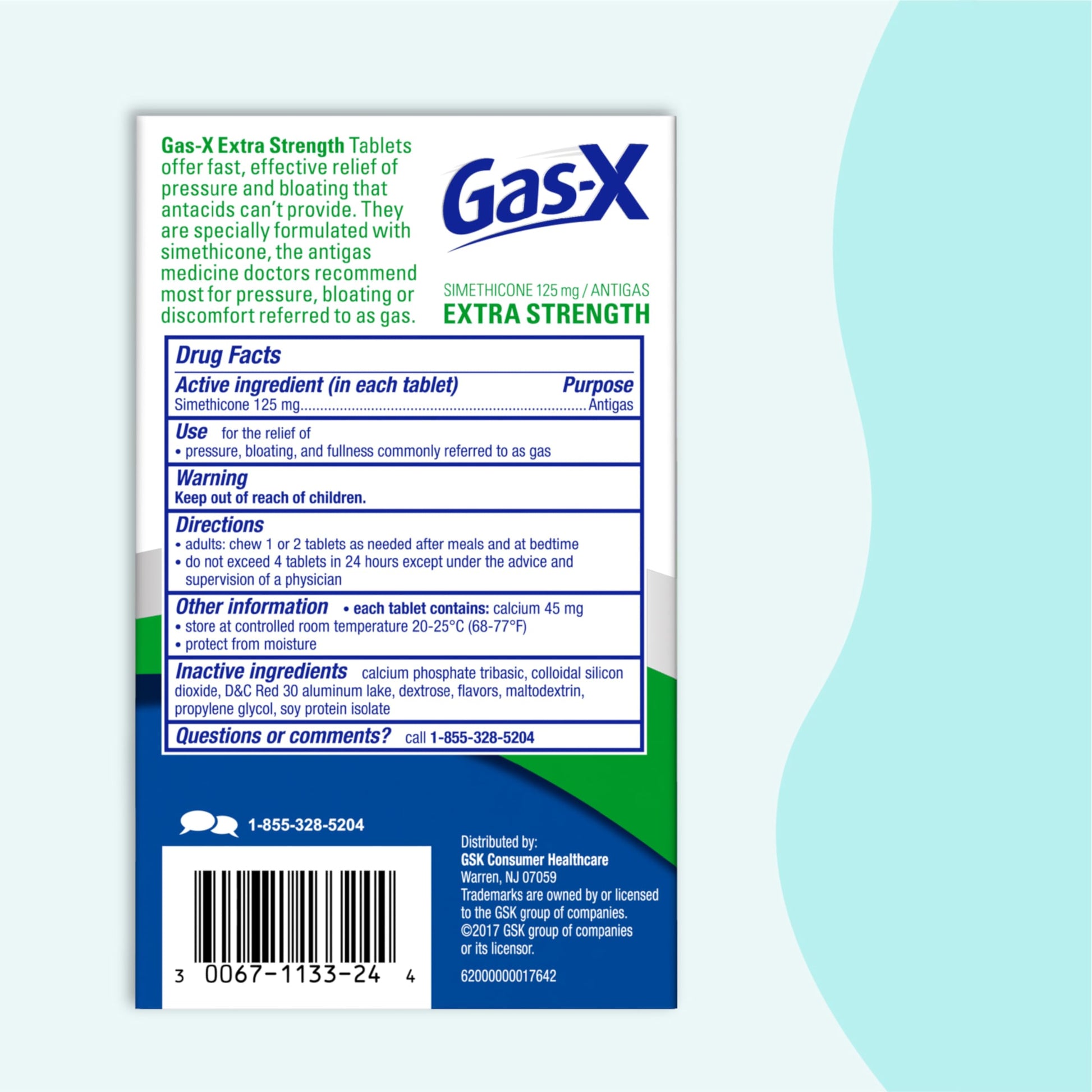 Gas-X Extra Strength Chewables showing clear label text for adults and children over twelve instructions
