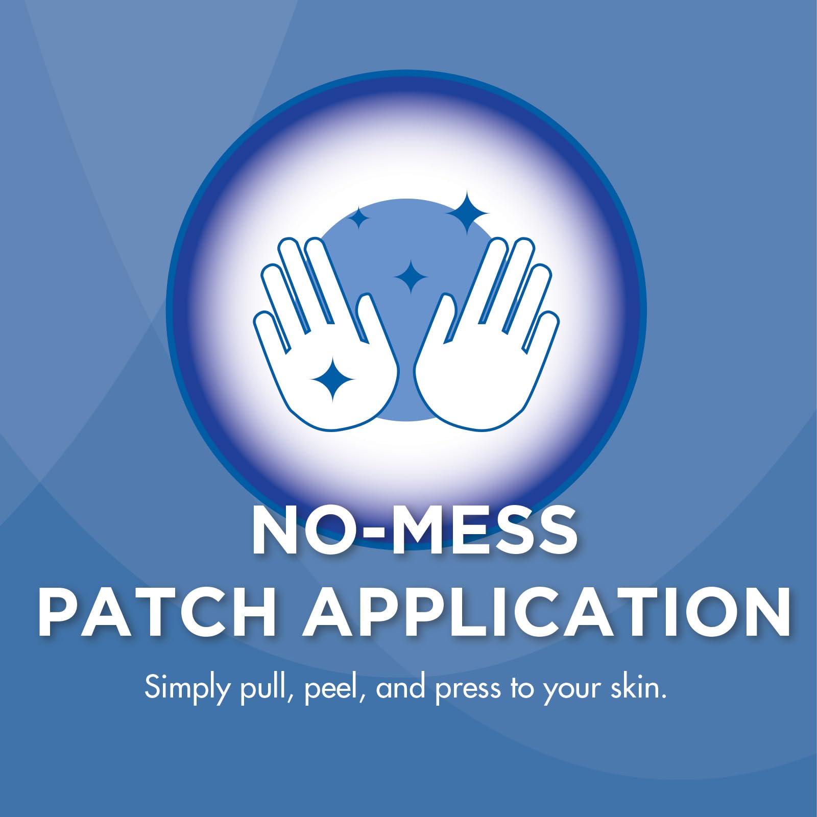 Unscented paraben-free flexible pain patch applied to a knee joint showing stretchable material