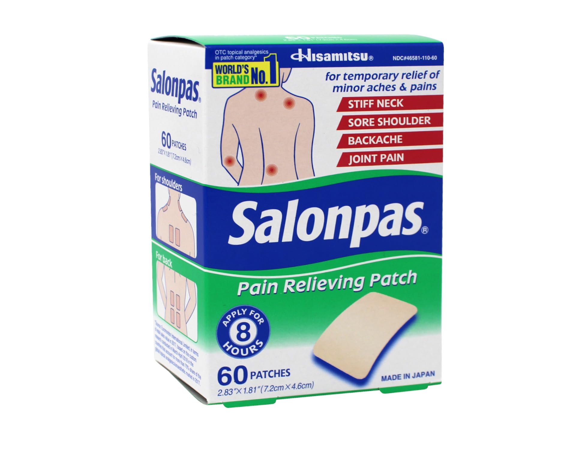Close up of Salonpas flexible pain relief patch dimensions and application area
