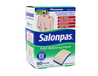 Close up of Salonpas flexible pain relief patch dimensions and application area