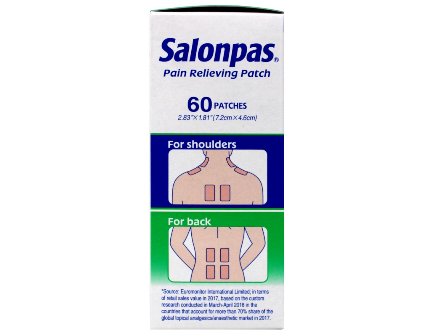 Authentic USA imported Salonpas sixty count boxes showing ingredient formulation labels