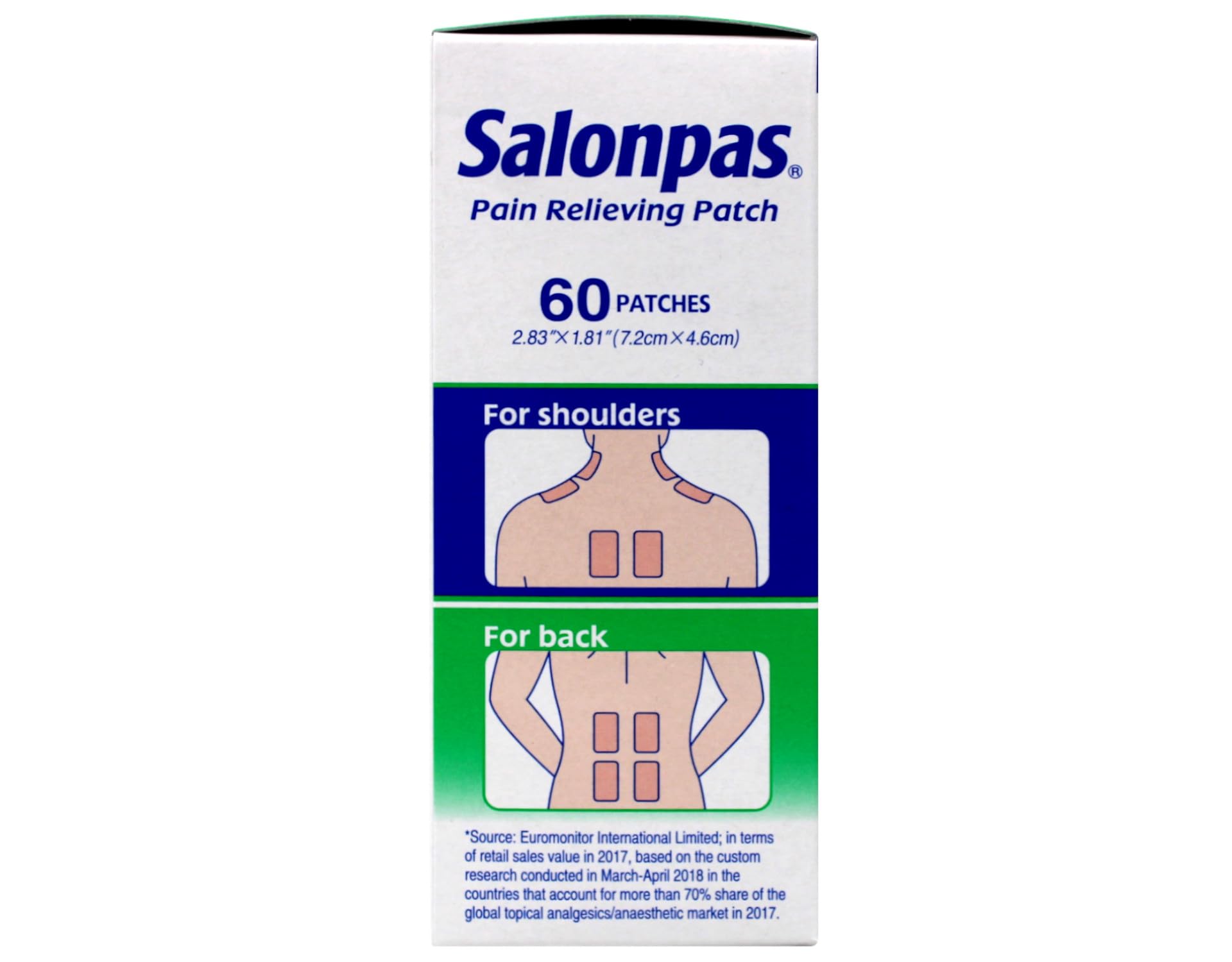 Authentic USA imported Salonpas sixty count boxes showing ingredient formulation labels