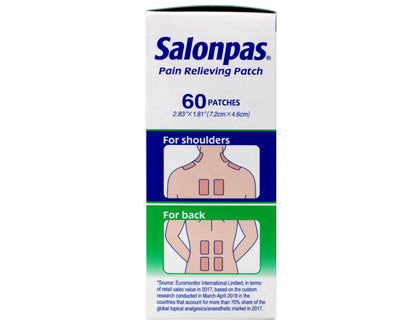 Authentic USA imported Salonpas sixty count boxes showing ingredient formulation labels