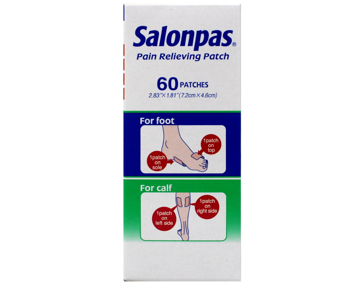 Back view of Salonpas pain relief patch packaging displaying usage directions and warnings