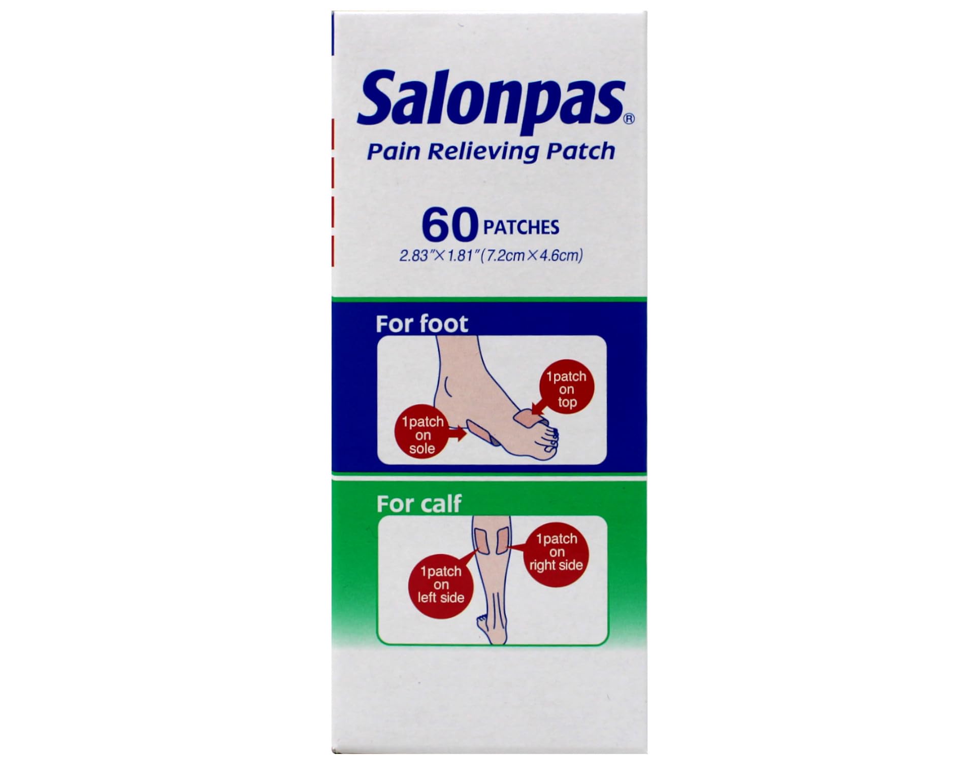 Back view of Salonpas pain relief patch packaging displaying usage directions and warnings