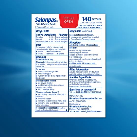Back packaging details of Salonpas topical pain relief patches