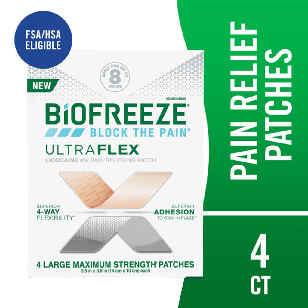 Biofreeze maximum strength pain relief patch showing four way flexible fabric.