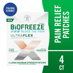 Biofreeze maximum strength pain relief patch showing four way flexible fabric.