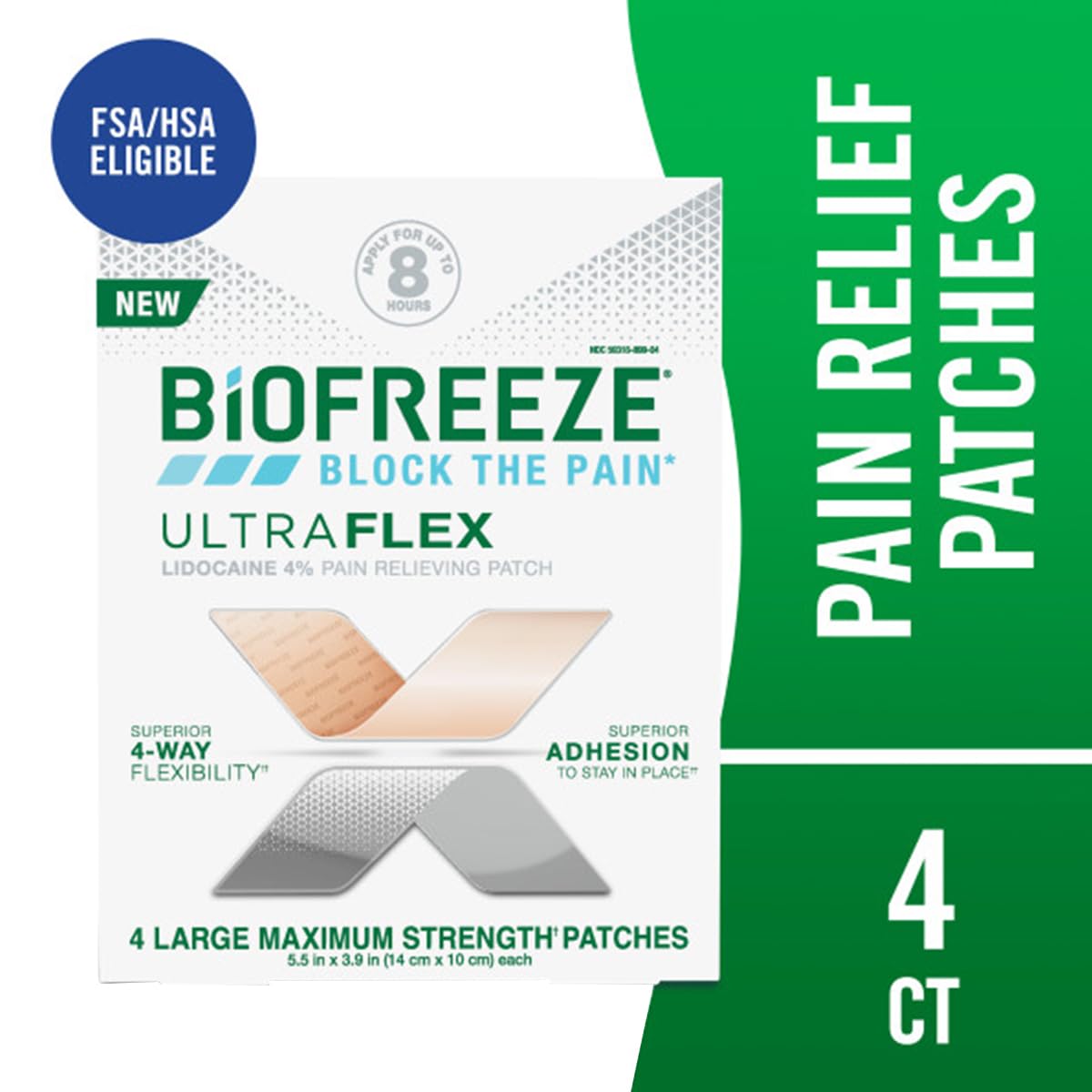 Biofreeze maximum strength pain relief patch showing four way flexible fabric.