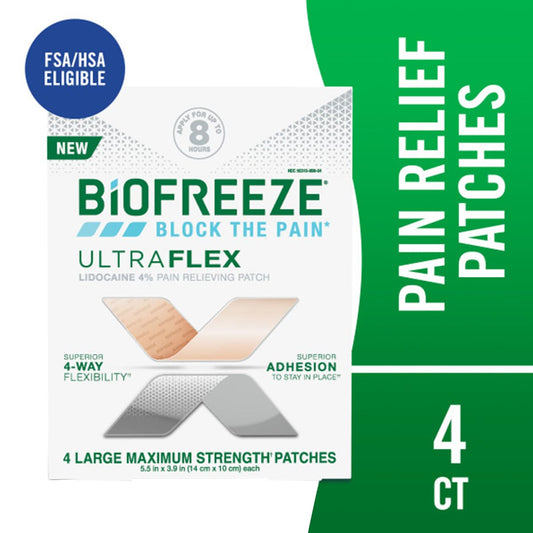Biofreeze maximum strength pain relief patch showing four way flexible fabric.