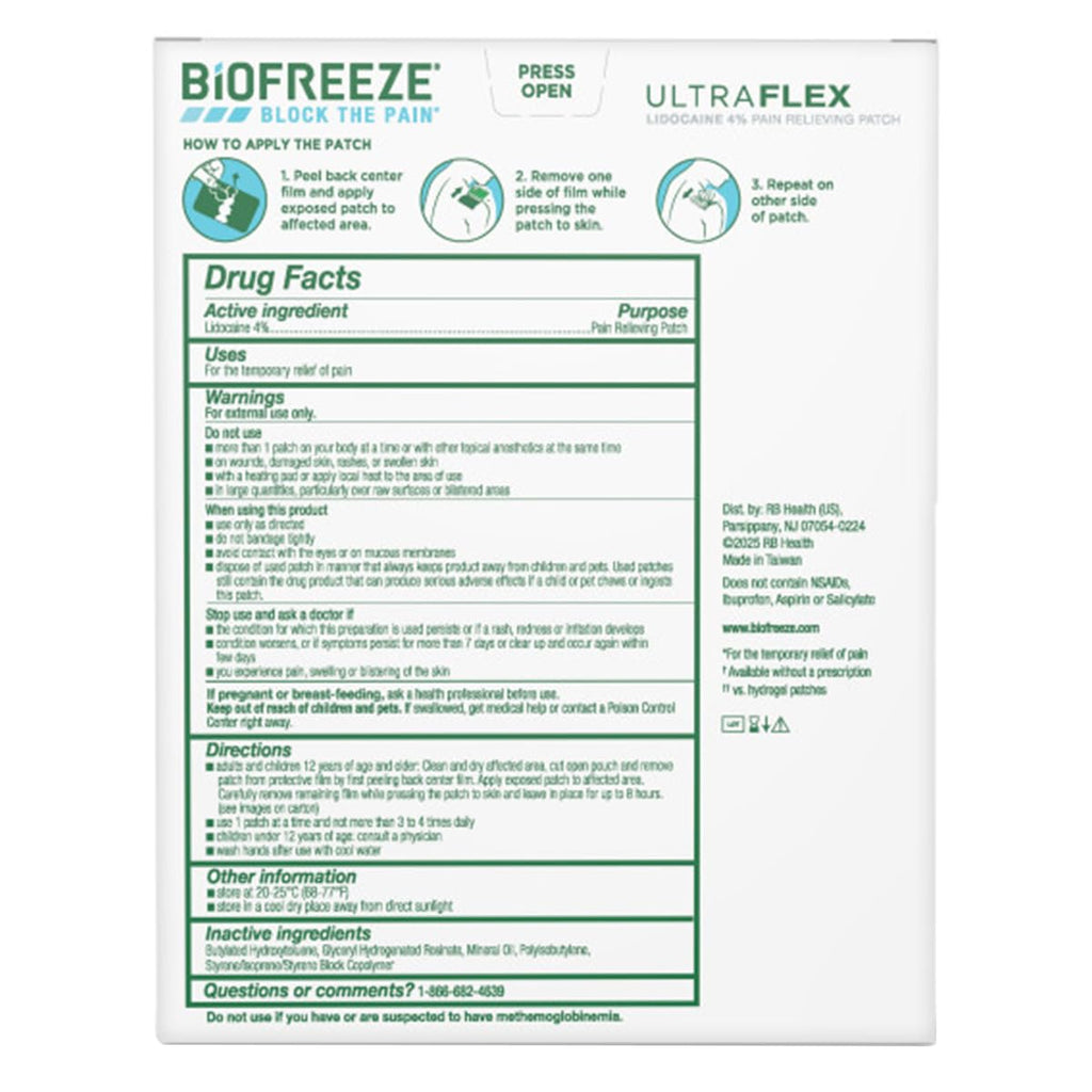 Back view of Biofreeze lidocaine patch packaging with product directions.