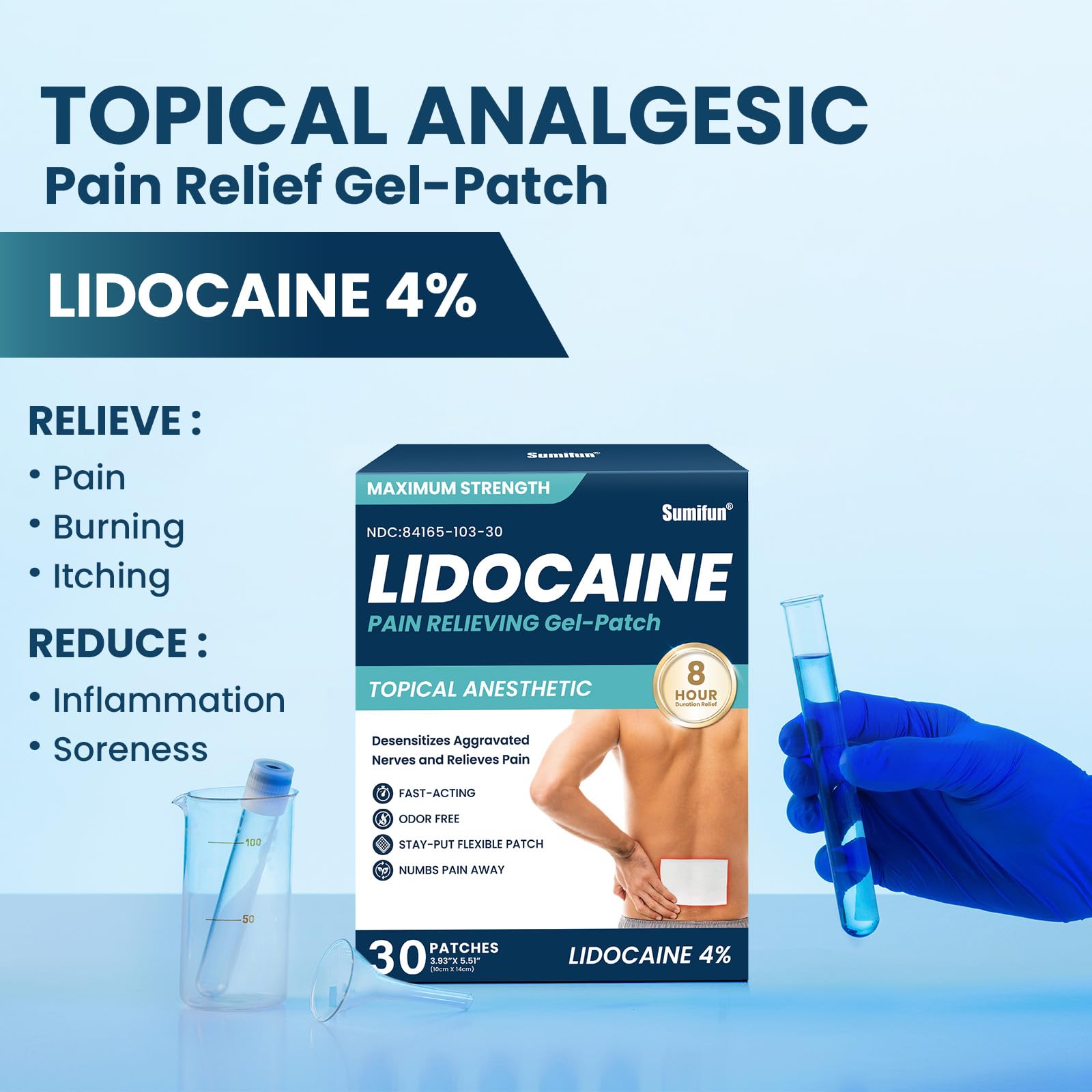 Sumifun 4 Percent Lidocaine gel patches showing the flexible large size layout for back and shoulder application.