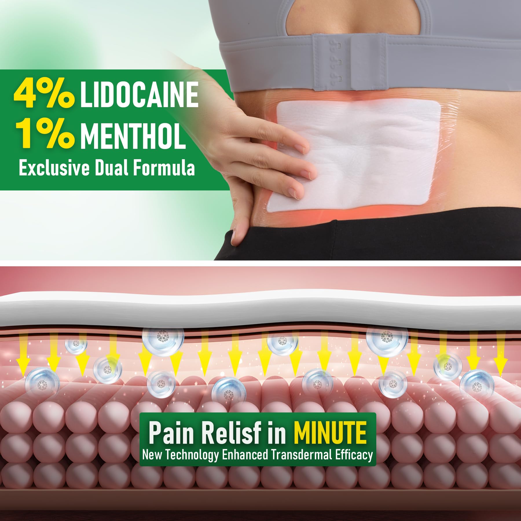 Careland waterproof pain relief patch applied to a human knee showing adhesive border