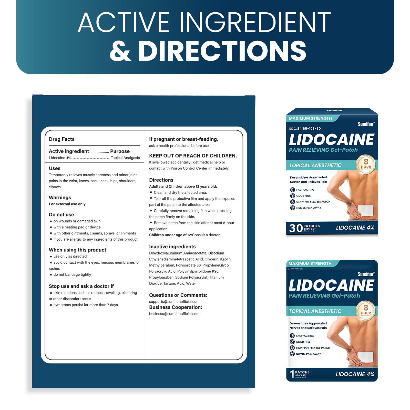Authentic USA imported Sumifun lidocaine patches box showing product specifications and dimensions.