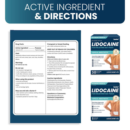 Authentic USA imported Sumifun lidocaine patches box showing product specifications and dimensions.