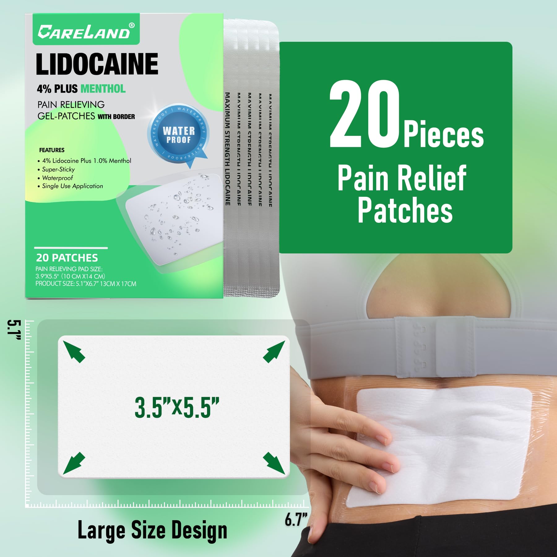 Individually wrapped Careland pain relief patches laid out next to the retail box packaging