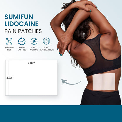 Back view of Sumifun lidocaine patch packaging displaying drug facts and safety warnings