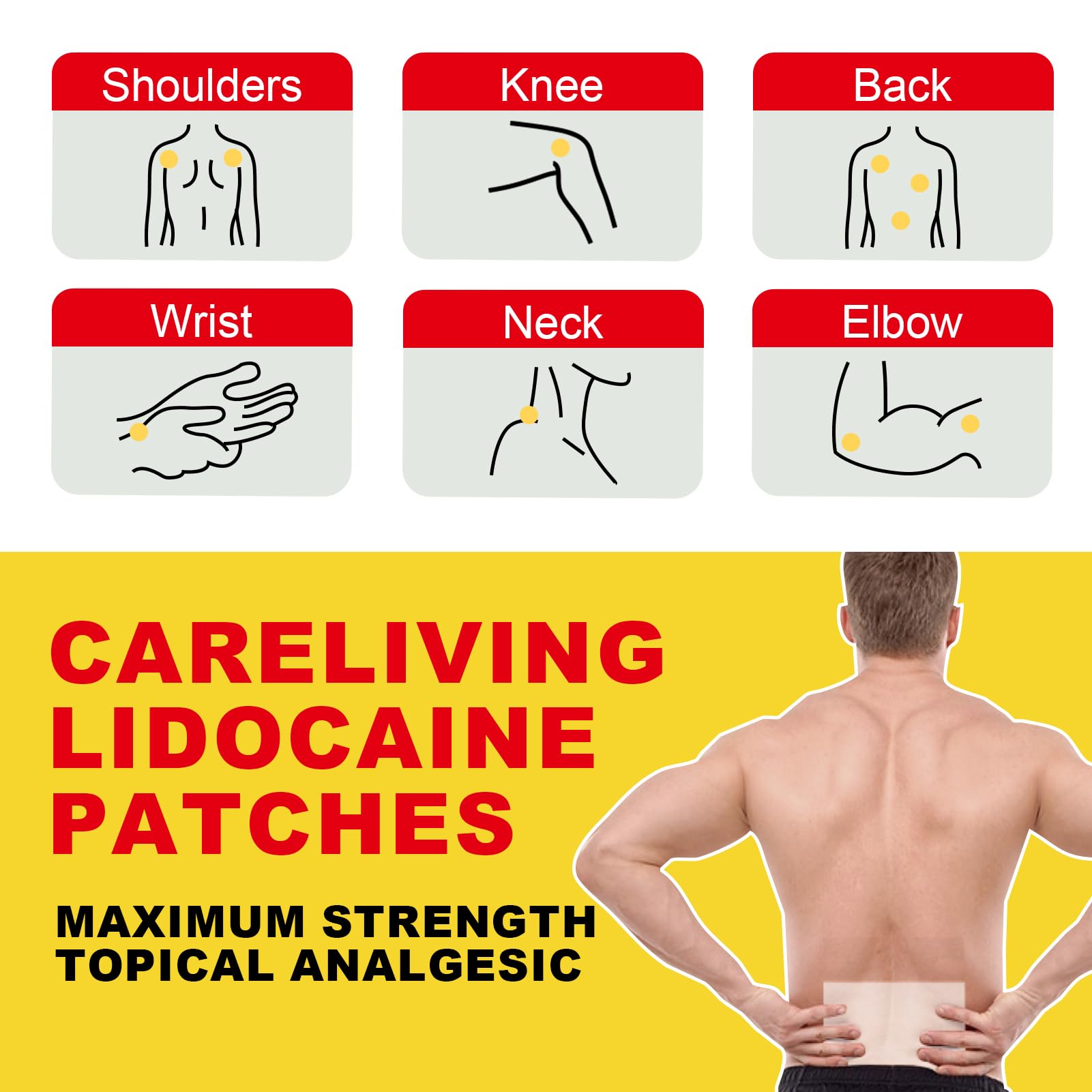 Close up of CARELIVING topical anesthetic gel patch measuring 3.9 by 5.5 inches for back pain relief.
