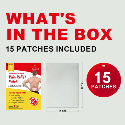 Back view of CARELIVING pain relief patch packaging listing drug facts, ingredients, and instructions.