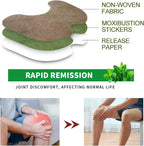 Close up of an applied herbal wormwood patch contouring comfortably on a human knee joint