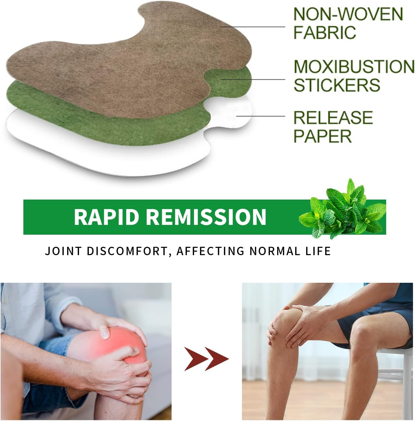 Close up of an applied herbal wormwood patch contouring comfortably on a human knee joint