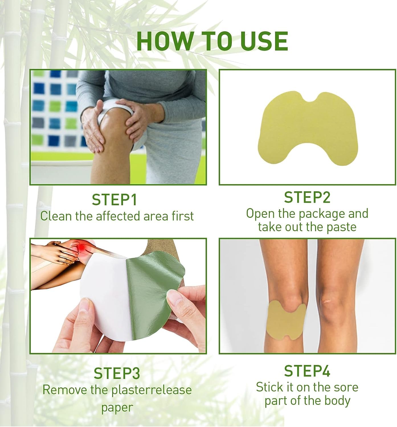 Infographic displaying the multi purpose use of Edumaision patches on the knee shoulder neck and ankle