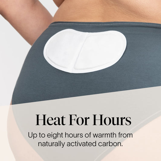 Cora period pain relief adhesive patch applied to underwear showing proper usage positioning.