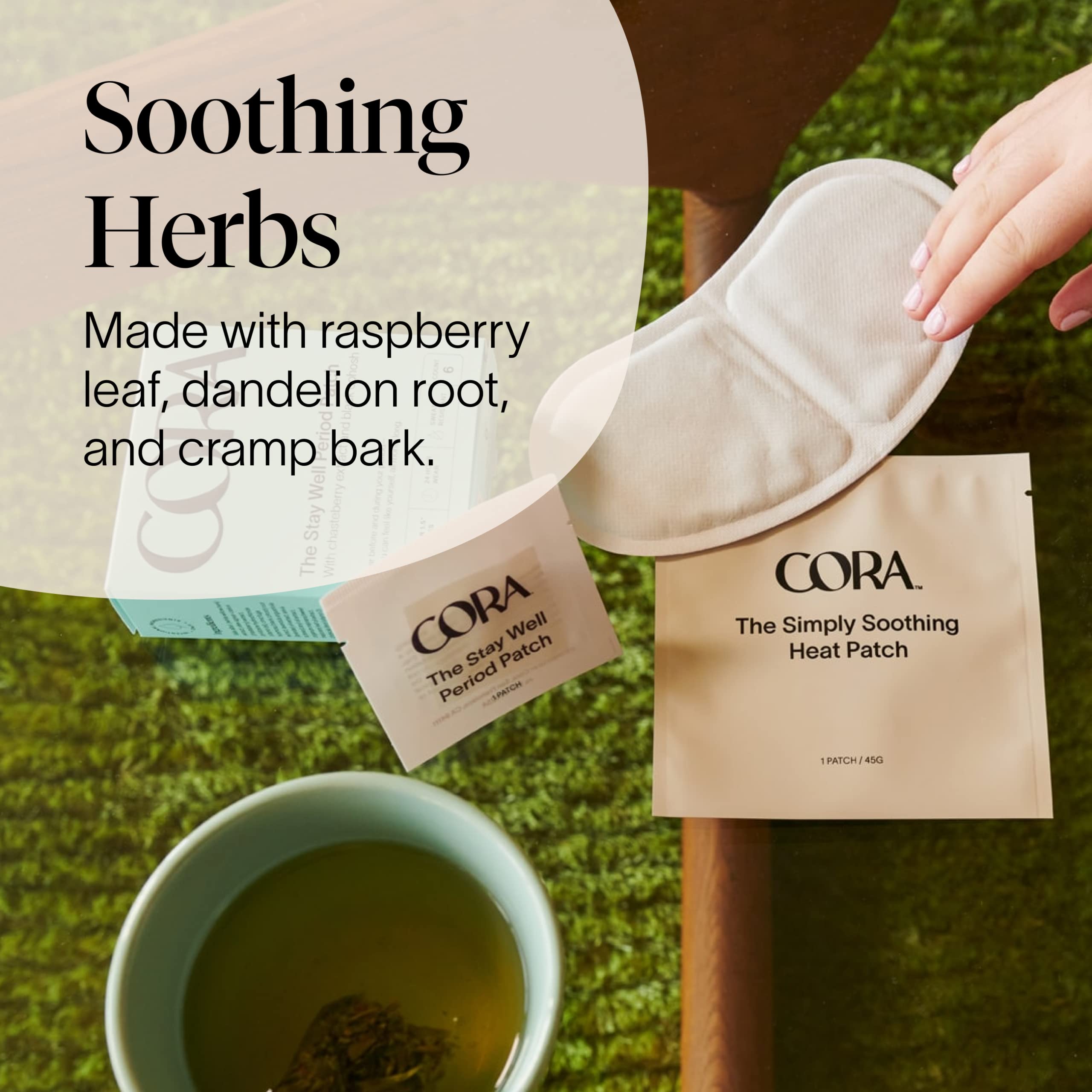 Individual foil wrapper of Cora menstrual cramp warming patch for portable travel care.