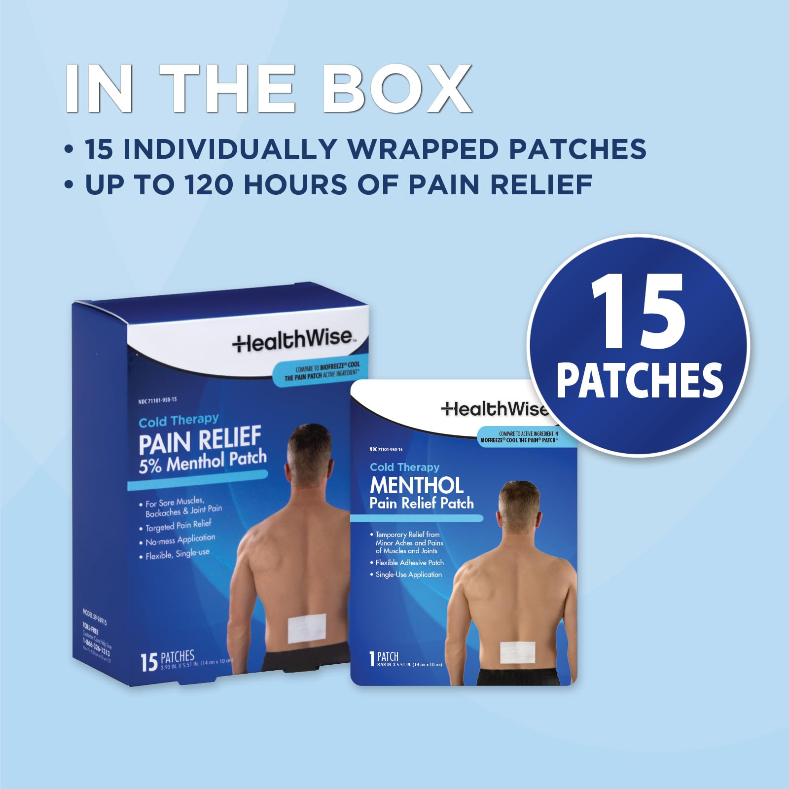 HealthWise topical analgesic patch highlighting 8 hour long lasting cooling action