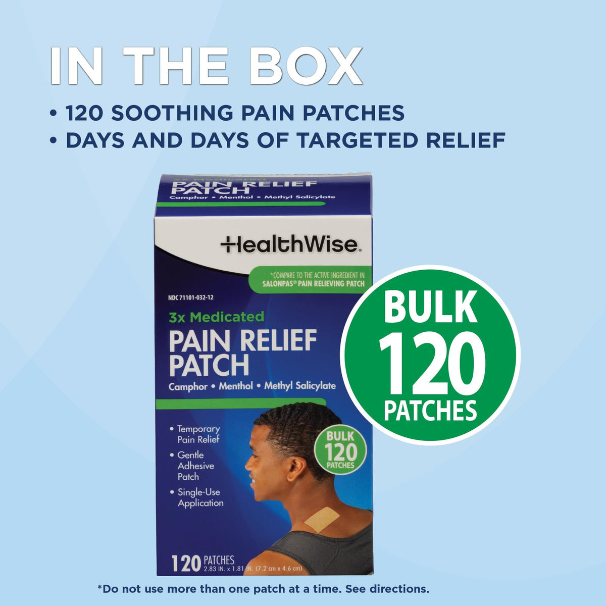 HealthWise arthritis and muscle strain relief patch box back view with warnings and directions.