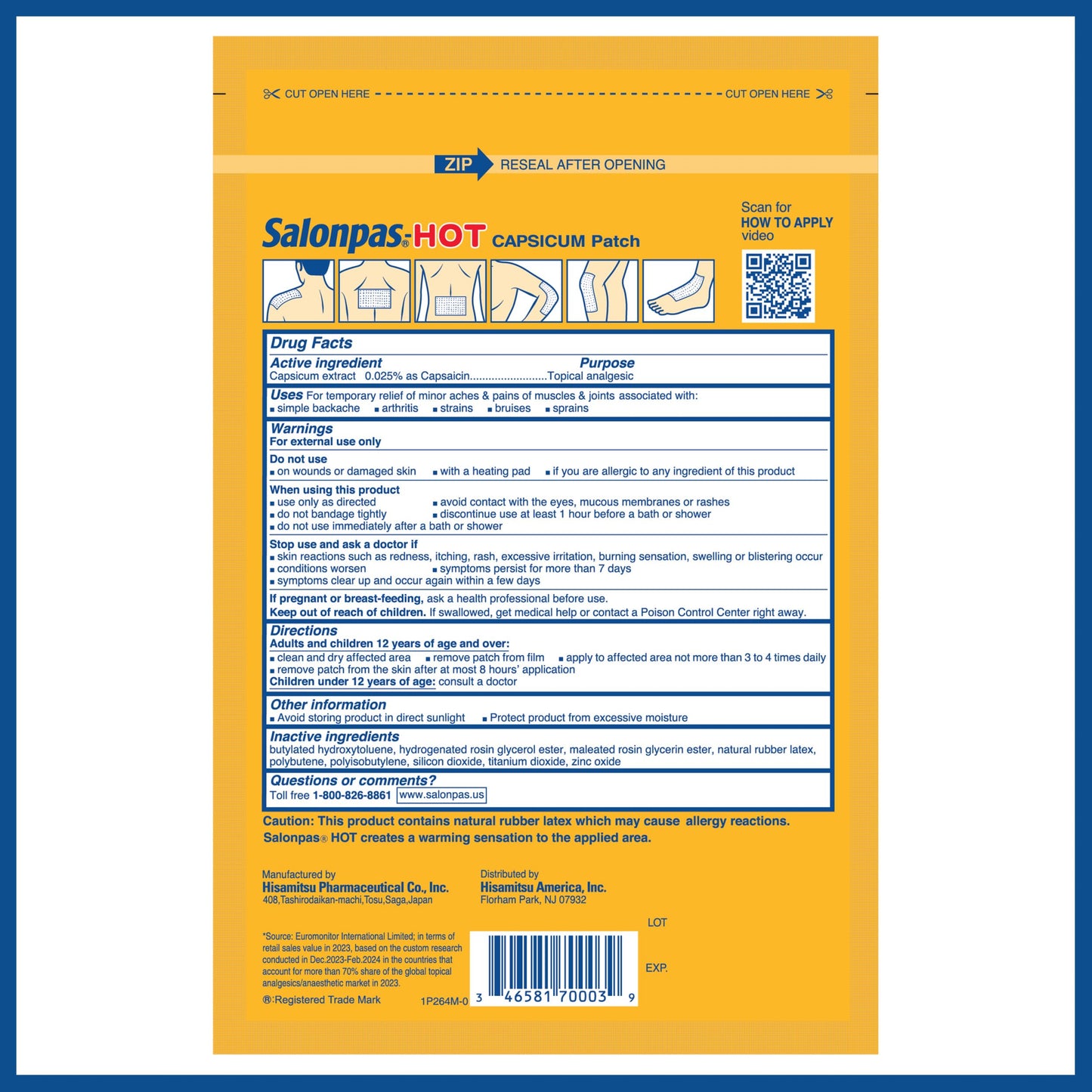 Authentic USA imported Salonpas hot capsicum patch multi pack box layout.