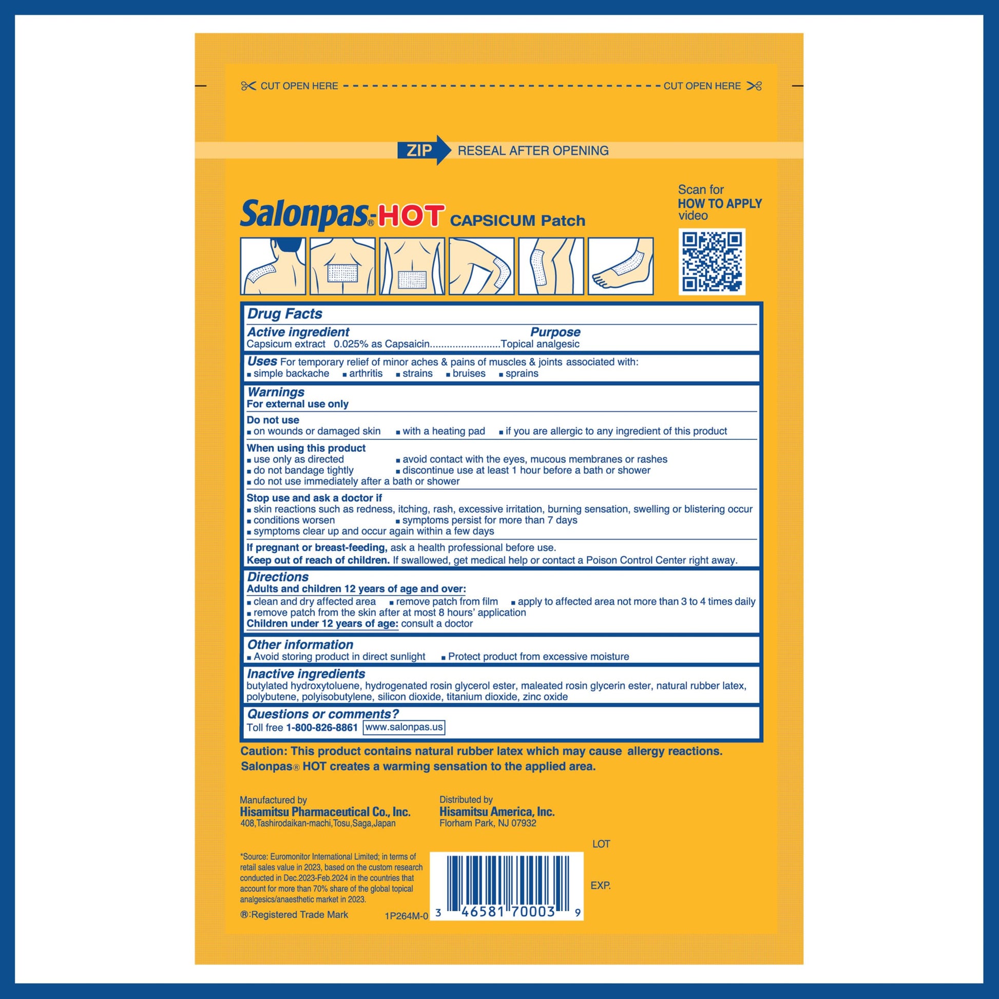 Authentic USA imported Salonpas hot capsicum patch multi pack box layout.