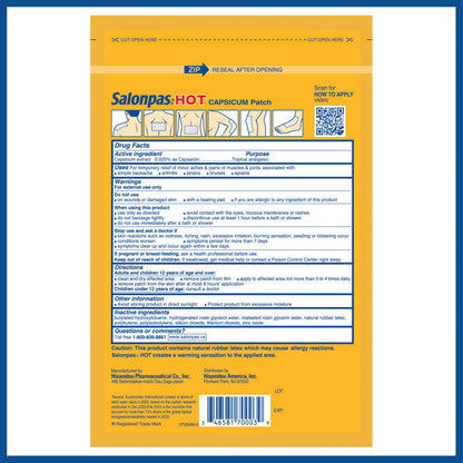 Authentic USA imported Salonpas hot capsicum patch multi pack box layout.