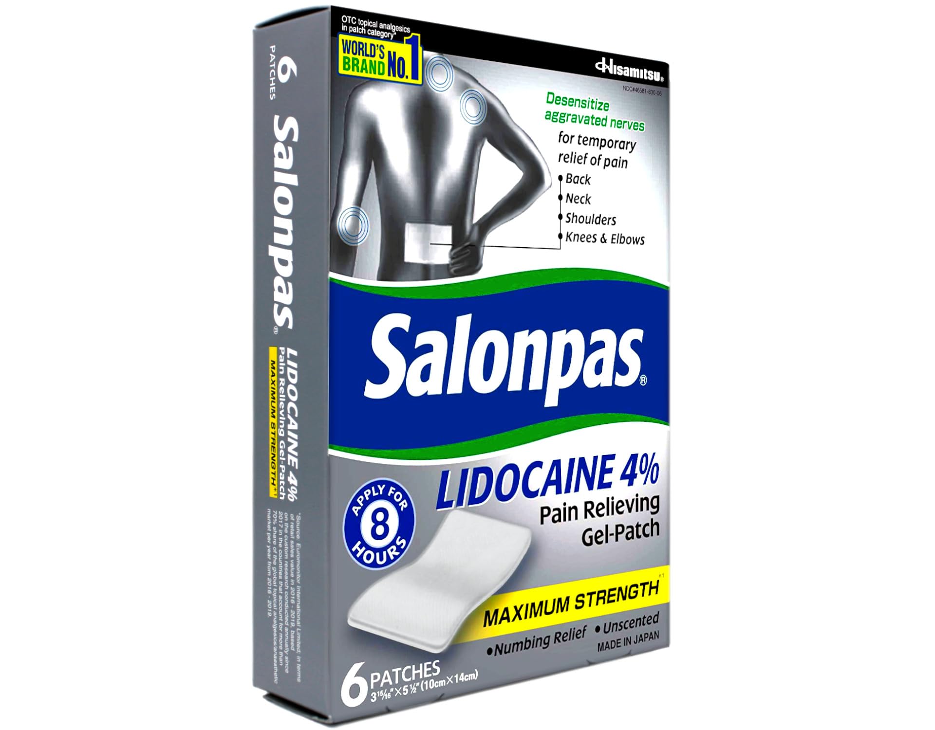 Authentic Salonpas lidocaine topical anesthetic hydrogel patches showing packaging details and usage indications