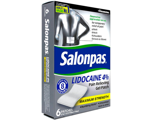 Authentic Salonpas lidocaine topical anesthetic hydrogel patches showing packaging details and usage indications