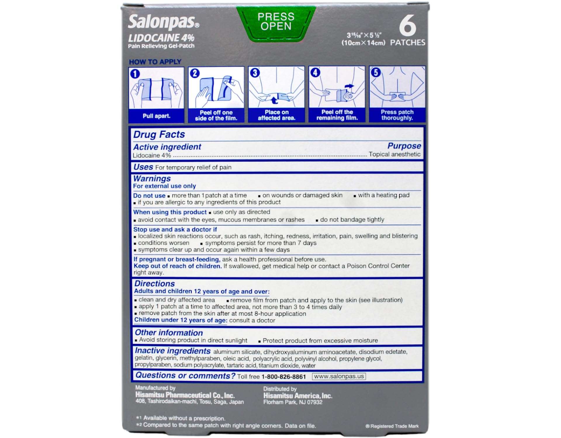 USA imported Salonpas maximum strength unscented gel patch displaying back label and active ingredients
