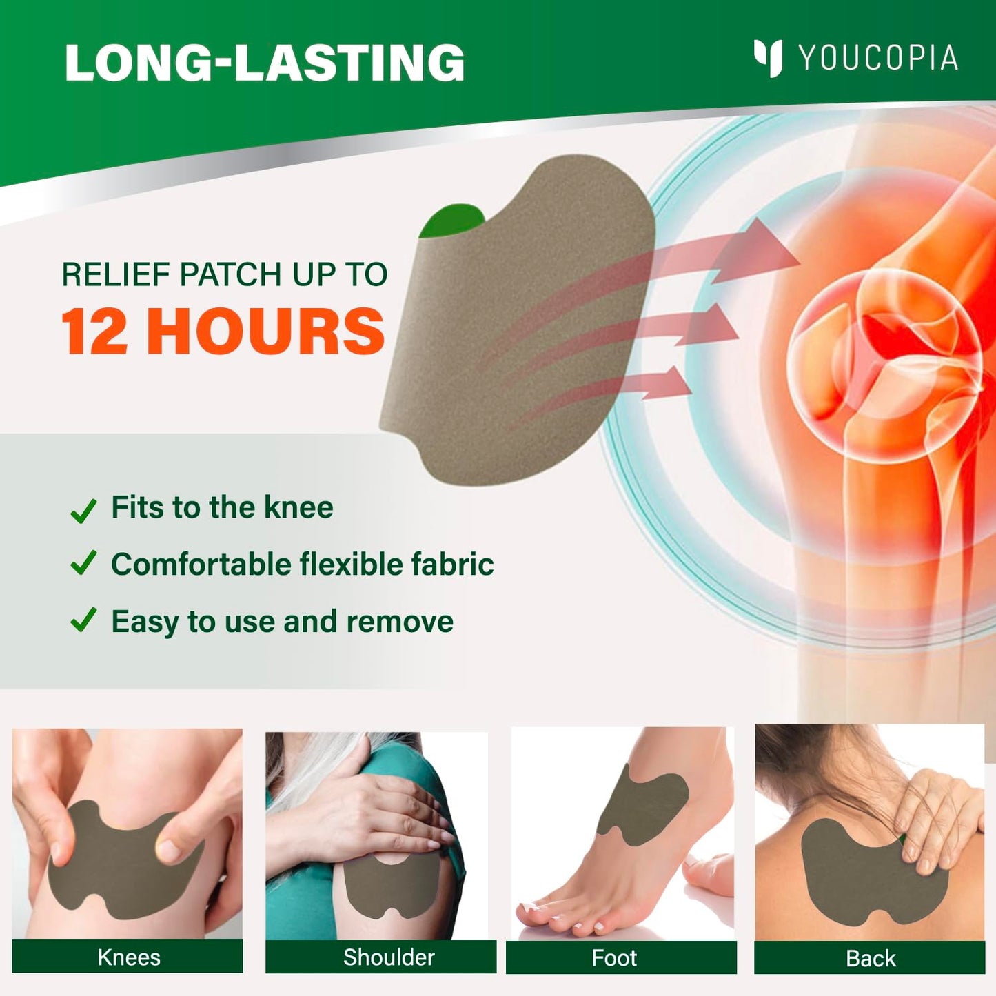 Natural wormwood extract sticker applied directly onto a person's knee for targeted heat therapy.