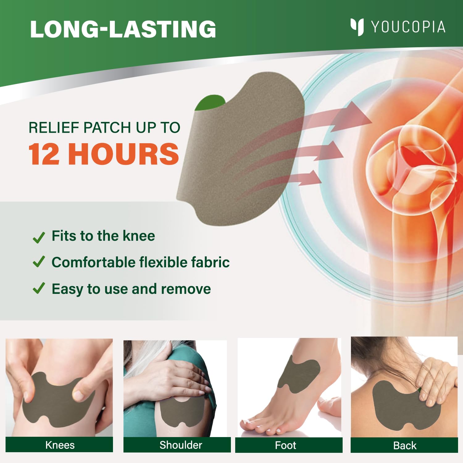 Natural wormwood extract sticker applied directly onto a person's knee for targeted heat therapy.